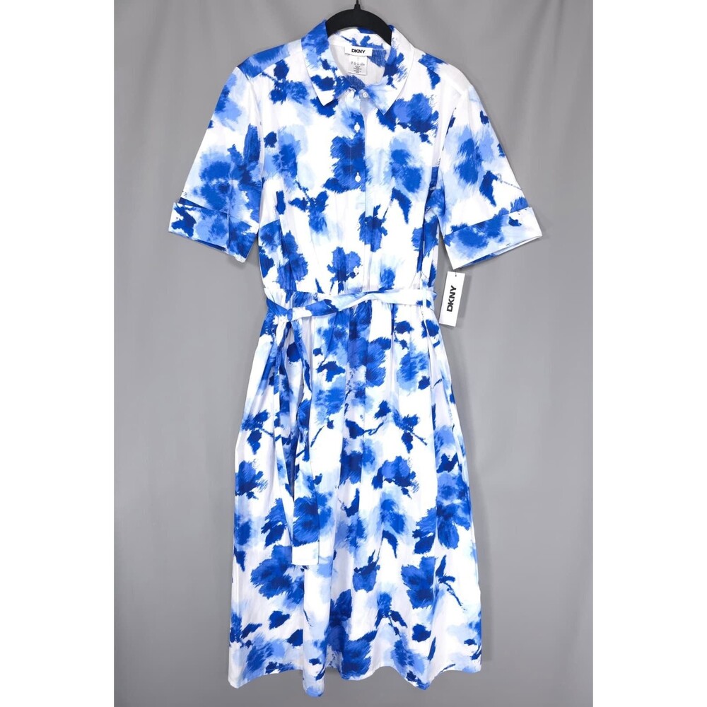 DKNY Women’s New Shirt Midi Dress 8 Tie Belt‎ Cotton Blue White Floral Fit Flare